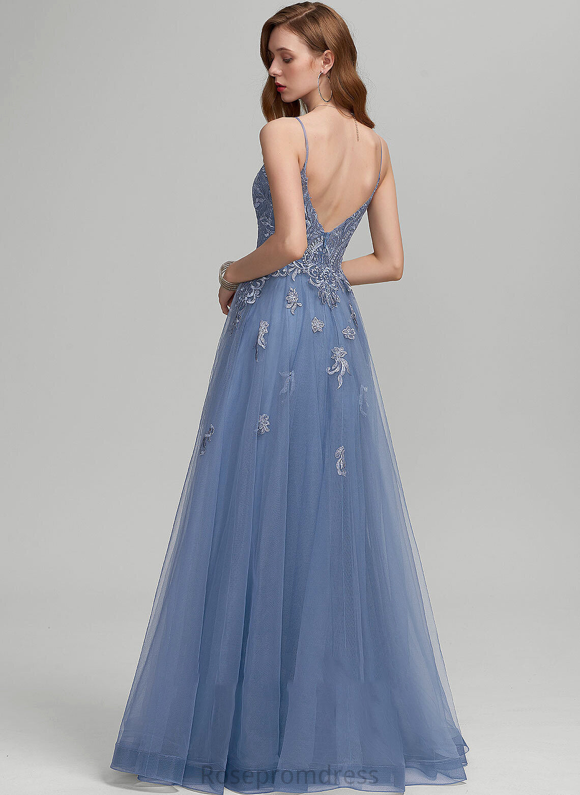 With Floor-Length A-Line Tulle Sequins V-neck Prom Dresses Melody