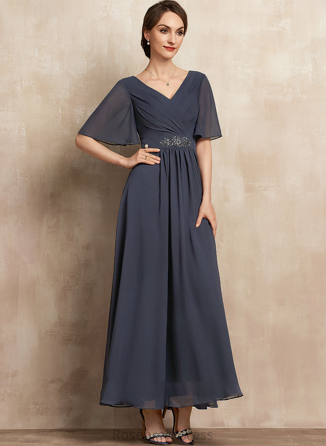 Mother of the Bride Dresses A-Line Parker Ankle-Length of Chiffon Sequins With V-neck Dress Ruffle the Bride Beading Mother