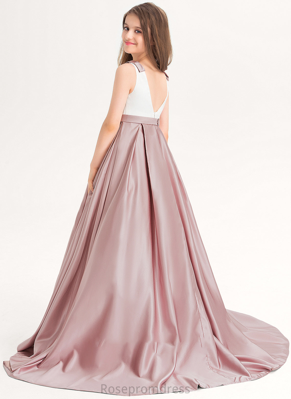 Kamryn Neck Bow(s) Sweep Ball-Gown/Princess Train Satin Junior Bridesmaid Dresses With Scoop Pockets