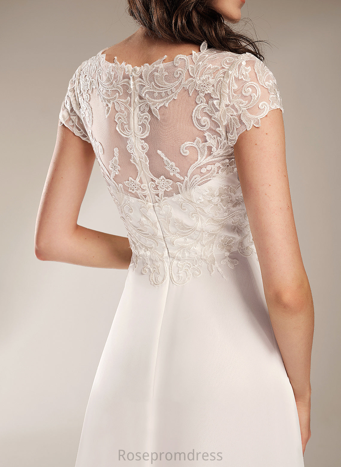 A-Line Asymmetrical Wedding Lace Chiffon Dalia With V-neck Wedding Dresses Dress