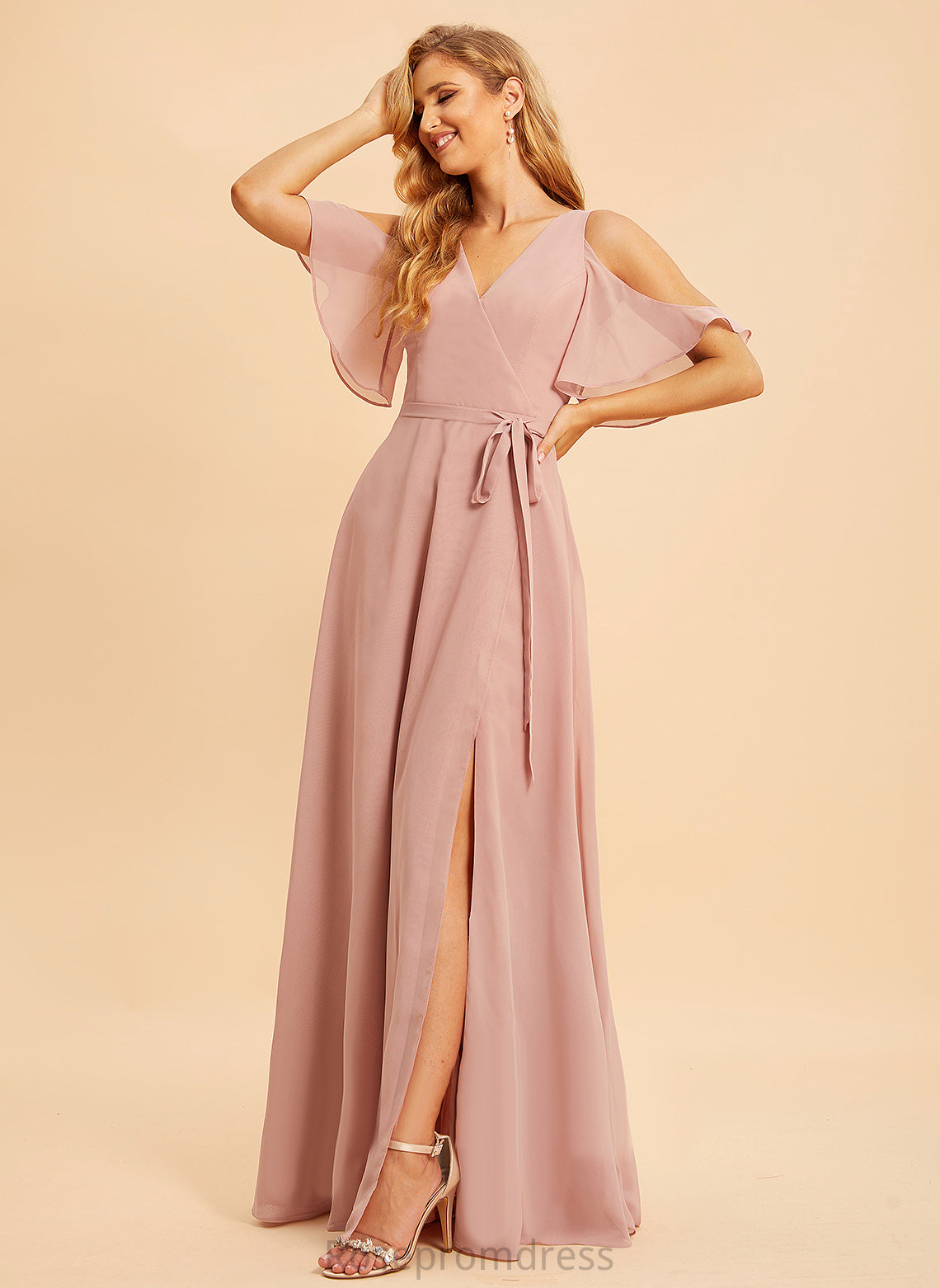 A-Line Fabric Floor-Length Neckline Embellishment SplitFront Silhouette V-neck Length Myla Straps Natural Waist Bridesmaid Dresses