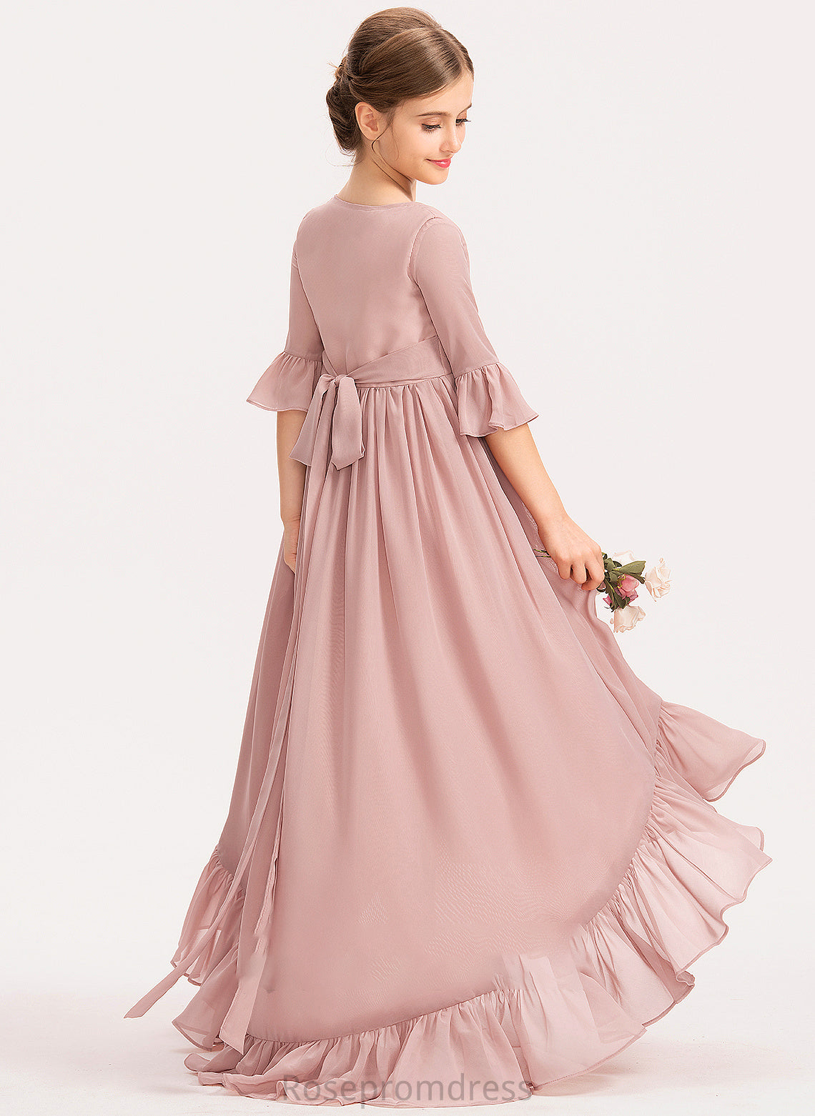 A-Line Neck Chiffon Junior Bridesmaid Dresses Scoop Ruffles Bow(s) Cascading Asymmetrical Lauretta With