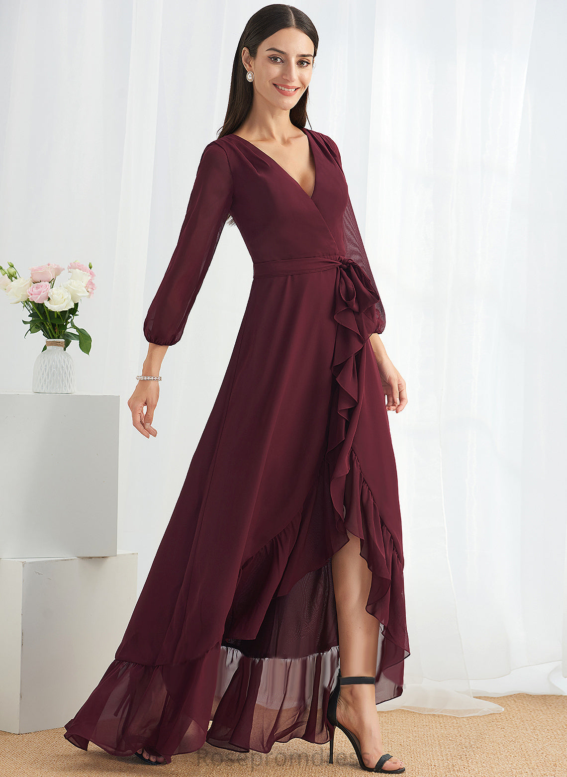 Length Embellishment A-Line Neckline Fabric Asymmetrical Ruffle V-neck Silhouette SplitFront Polly Bridesmaid Dresses