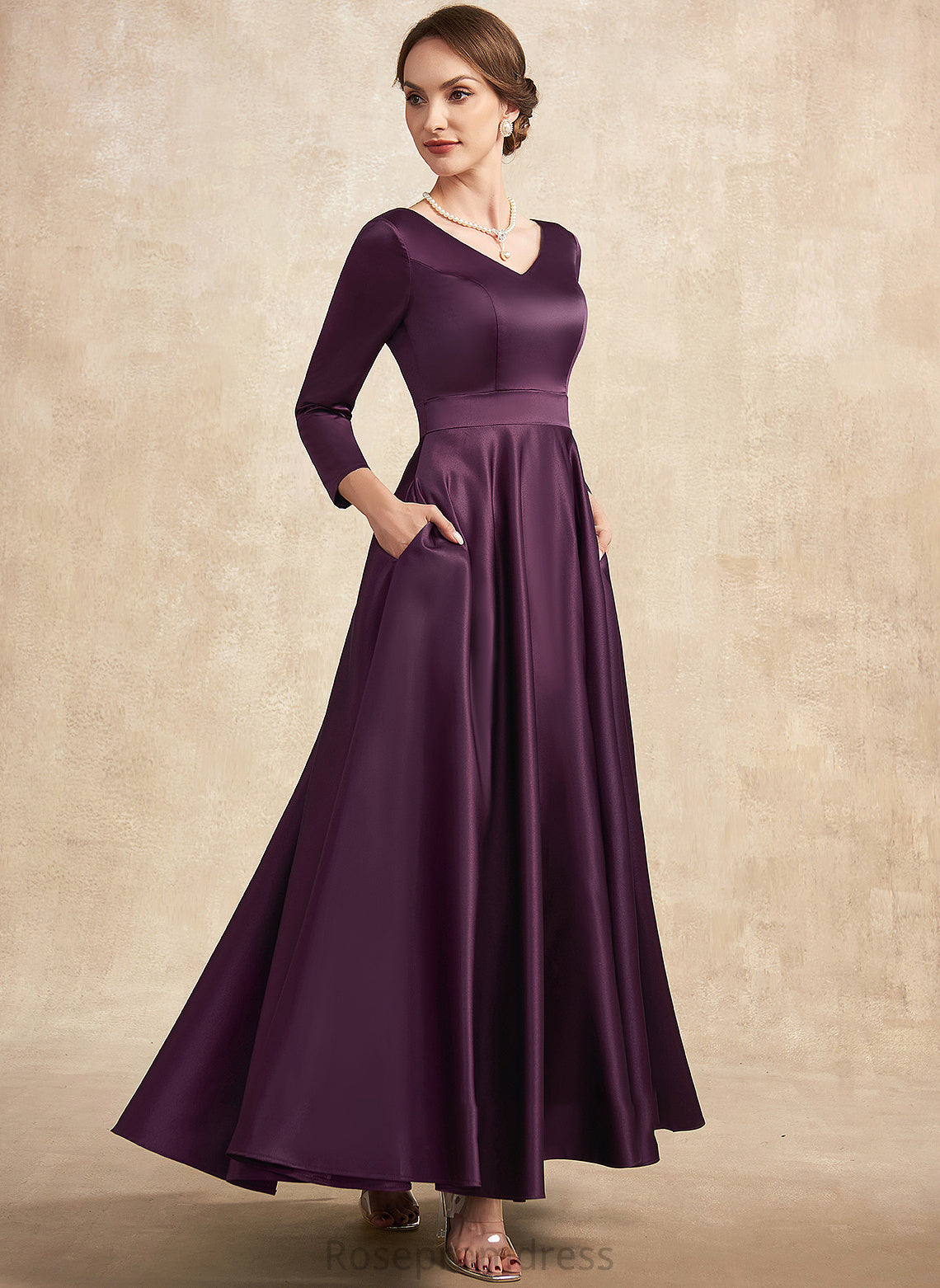 V-neck With of Jess Dress Mother of the Bride Dresses Satin A-Line Bride Ankle-Length Mother Pockets the