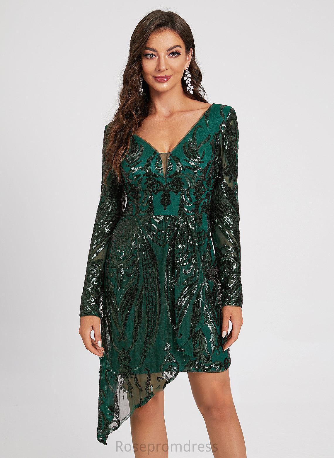 With Sequins Sheath/Column Cocktail Dresses V-neck Lace Sequined Cocktail Marlee Dress Lace Asymmetrical