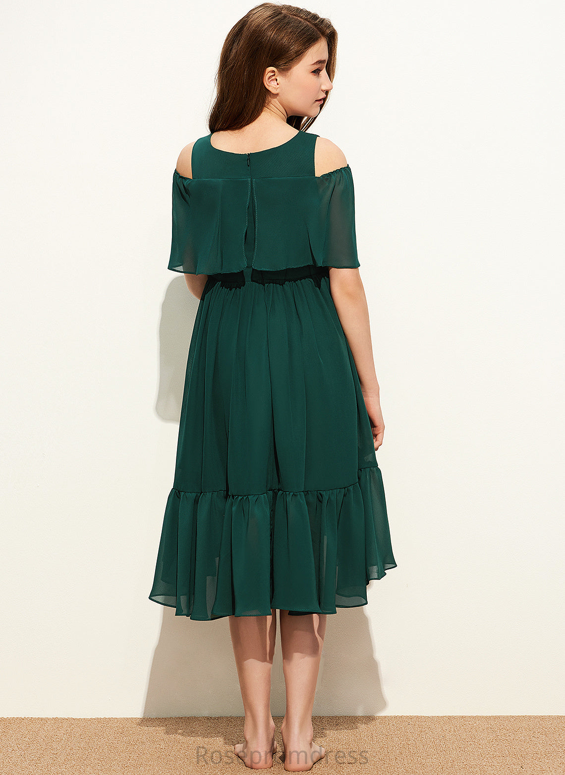 Asymmetrical Junior Bridesmaid Dresses With Cascading Scoop A-Line Lyric Ruffles Chiffon Neck