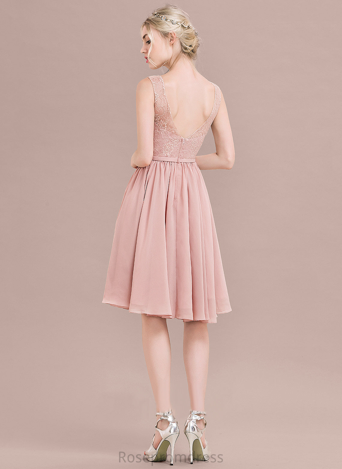 Chiffon Lace Knee-Length With Bow(s) Homecoming V-neck Dress Lace Homecoming Dresses Dulce A-Line