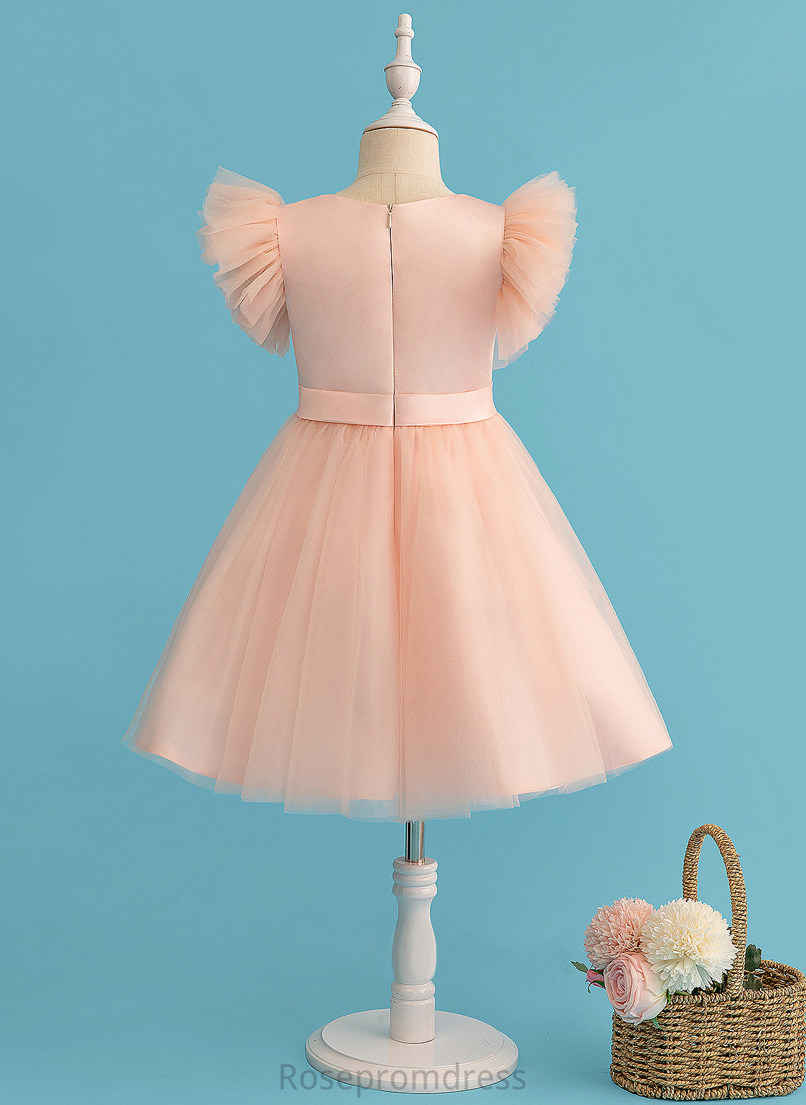 Tulle - Knee-length Sleeves Miya Neck A-Line Flower Girl Dresses Dress Short Scoop Flower Girl