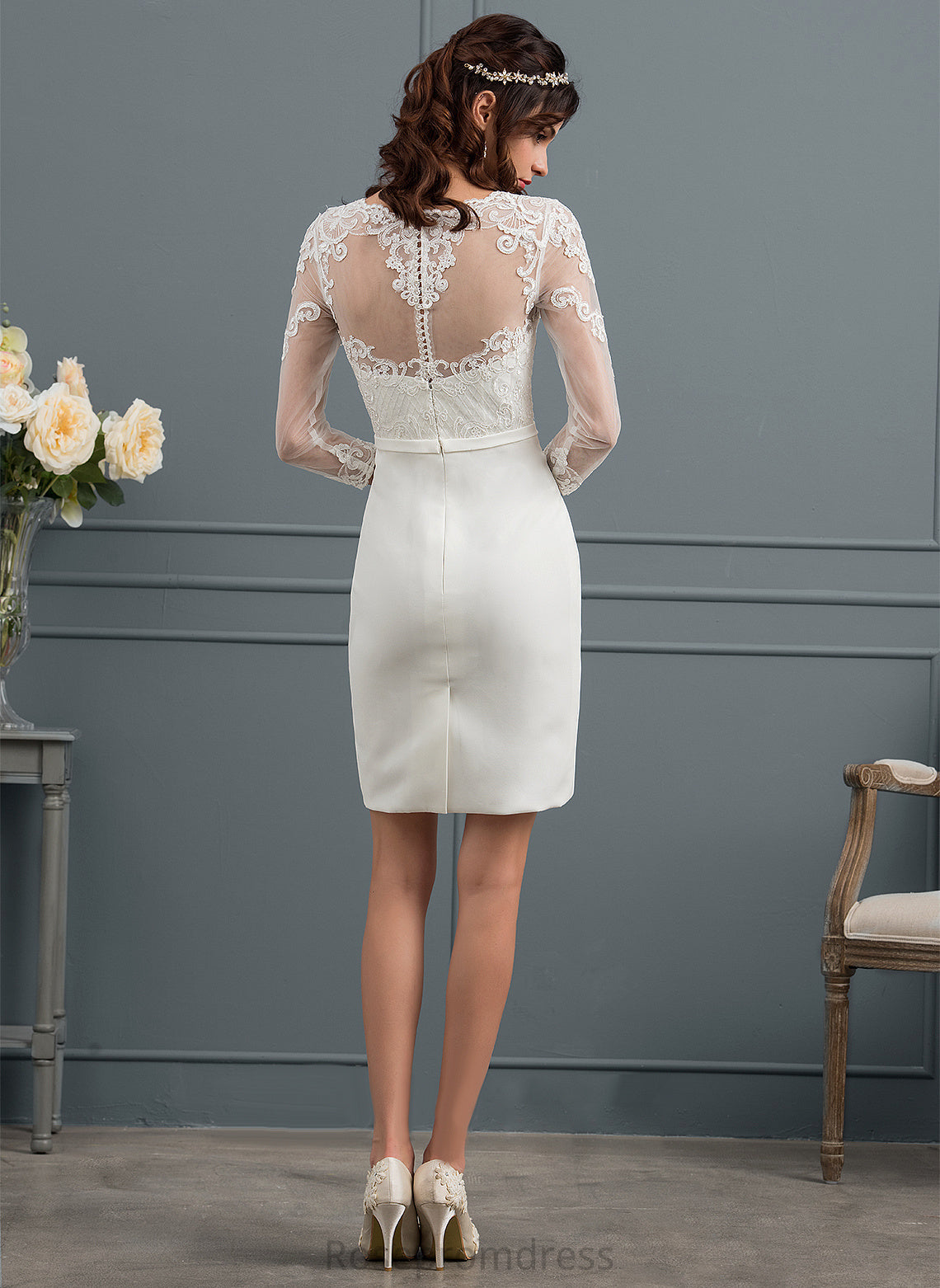 Sequins Wedding Dresses Illusion Bow(s) Kay Wedding Dress With Sheath/Column Knee-Length Lace