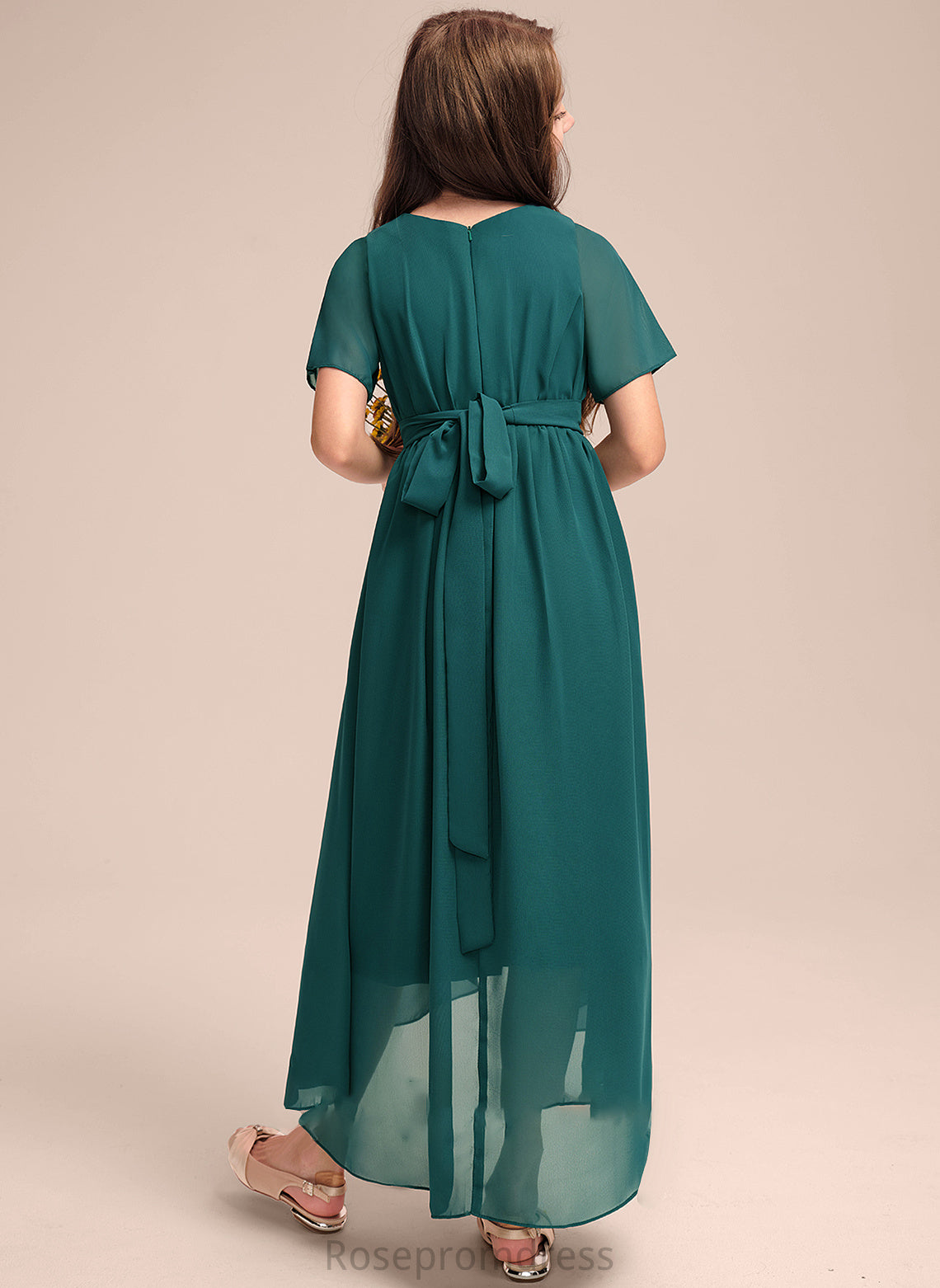 A-Line Bow(s) With Neck Lorelai Junior Bridesmaid Dresses Asymmetrical Chiffon Ruffle Scoop