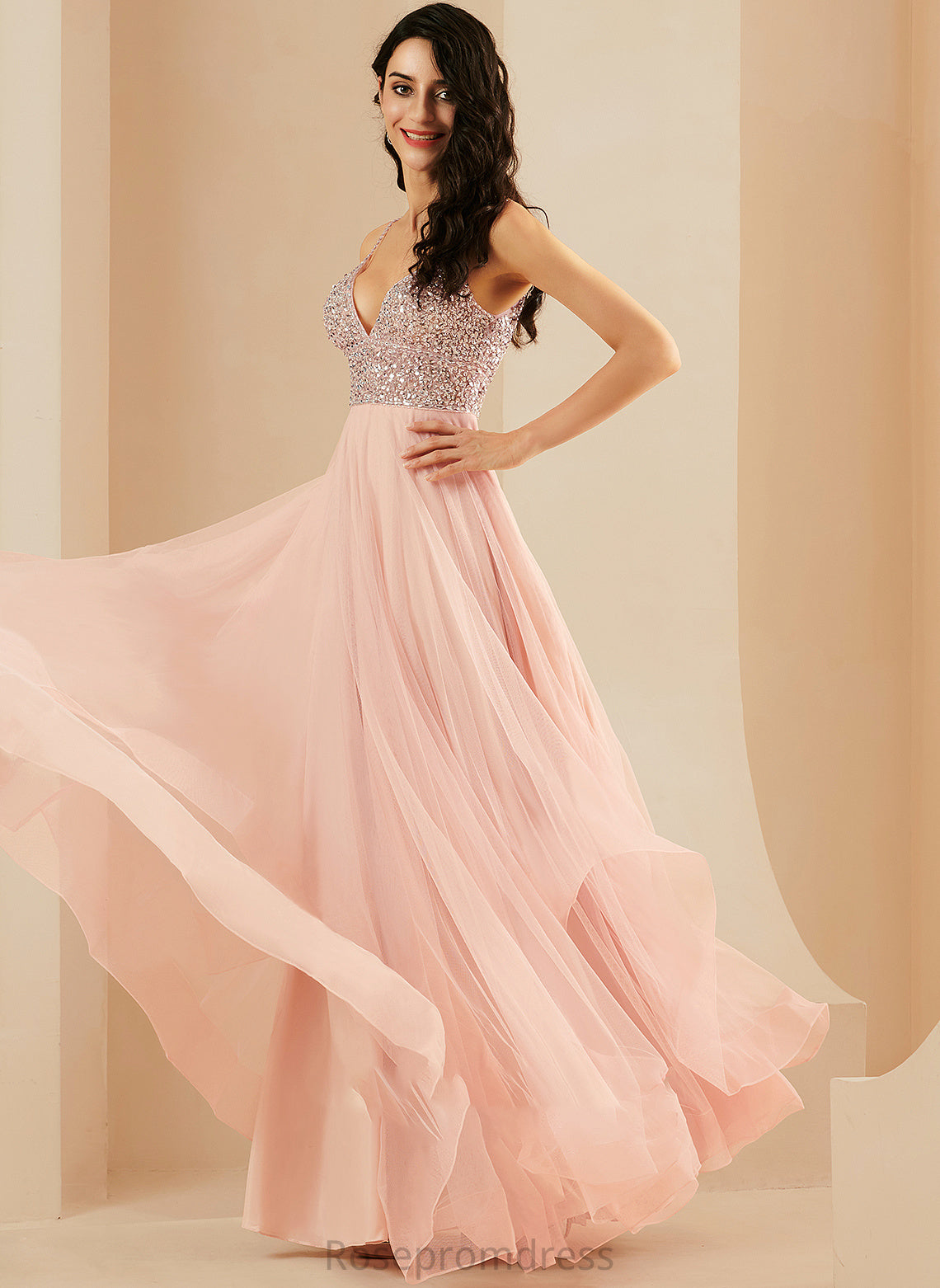 V-neck Sequins A-Line Tulle Floor-Length Beading Prom Dresses Susie With