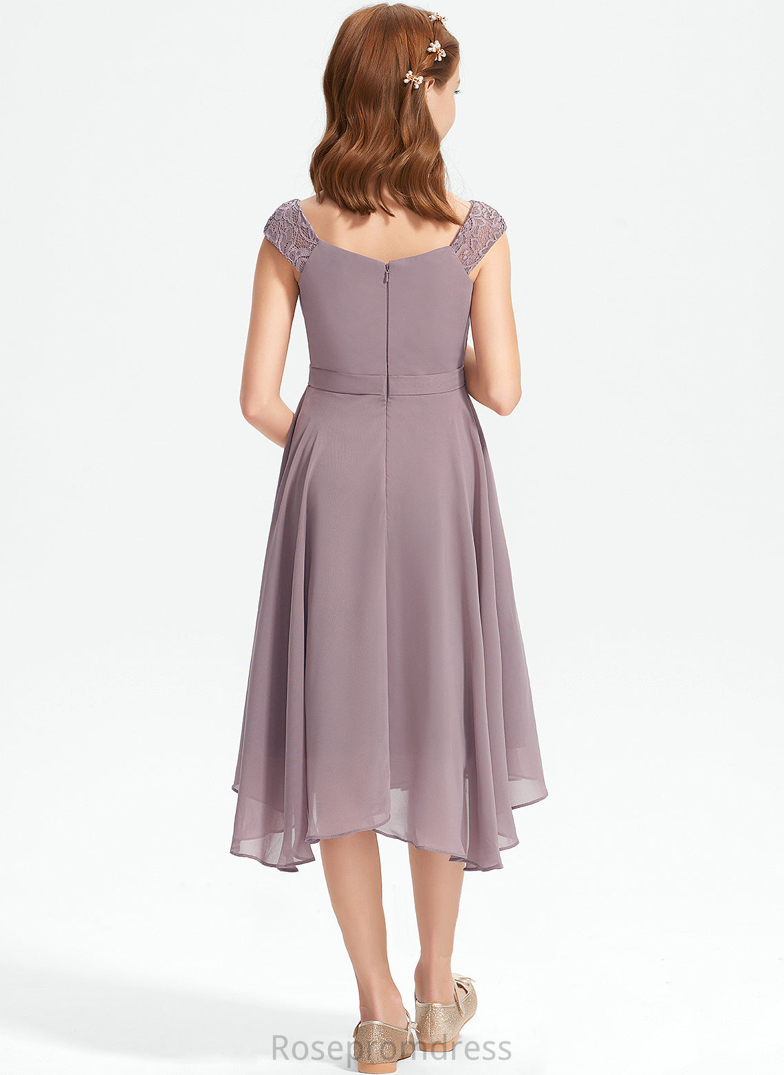 Ruffle With A-Line V-neck Catherine Lace Chiffon Knee-Length Junior Bridesmaid Dresses