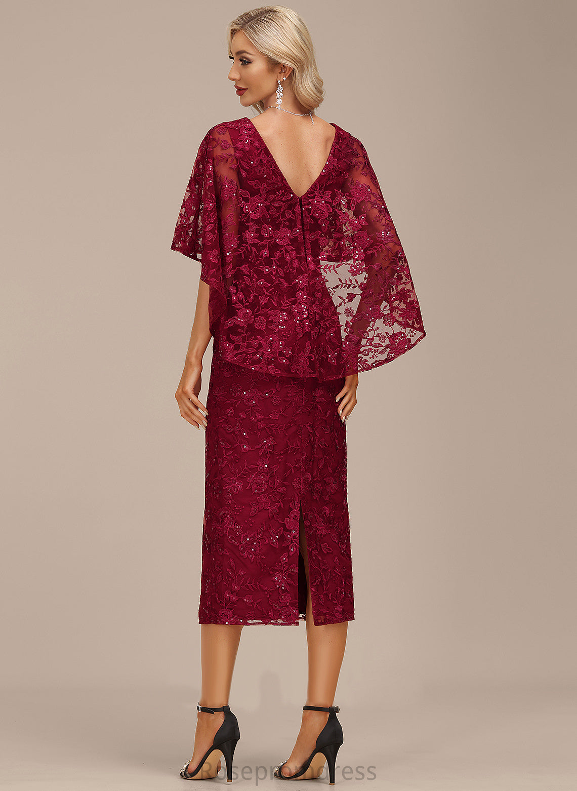 Cocktail Dresses With Lace Dress Cocktail Sheath/Column Sequins Kaelyn V-neck Tea-Length