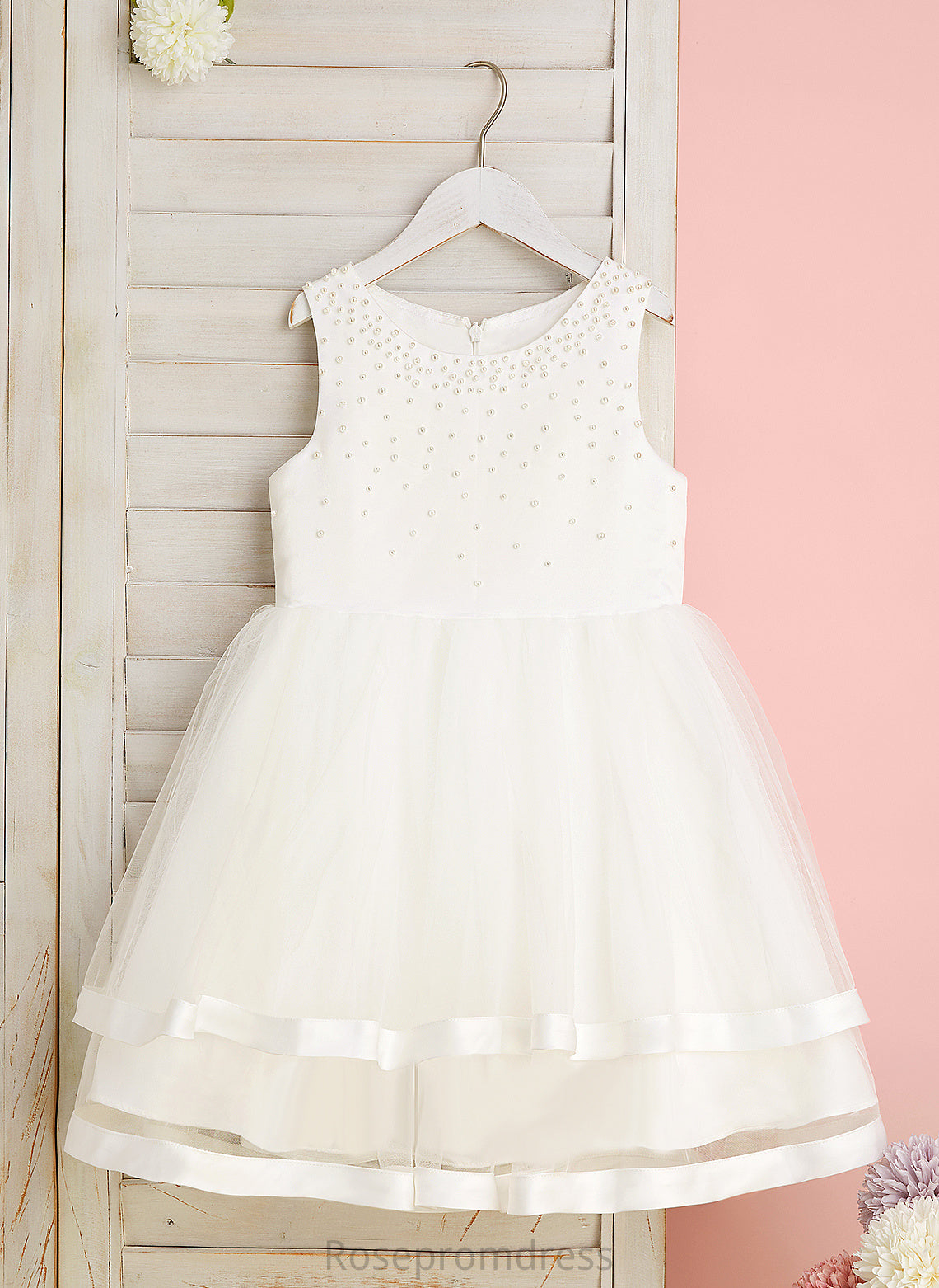 Dress Sleeveless Flower Girl Dresses Ball-Gown/Princess With Beading/Bow(s) Scoop Satin/Tulle Girl Celeste Neck - Flower Knee-length