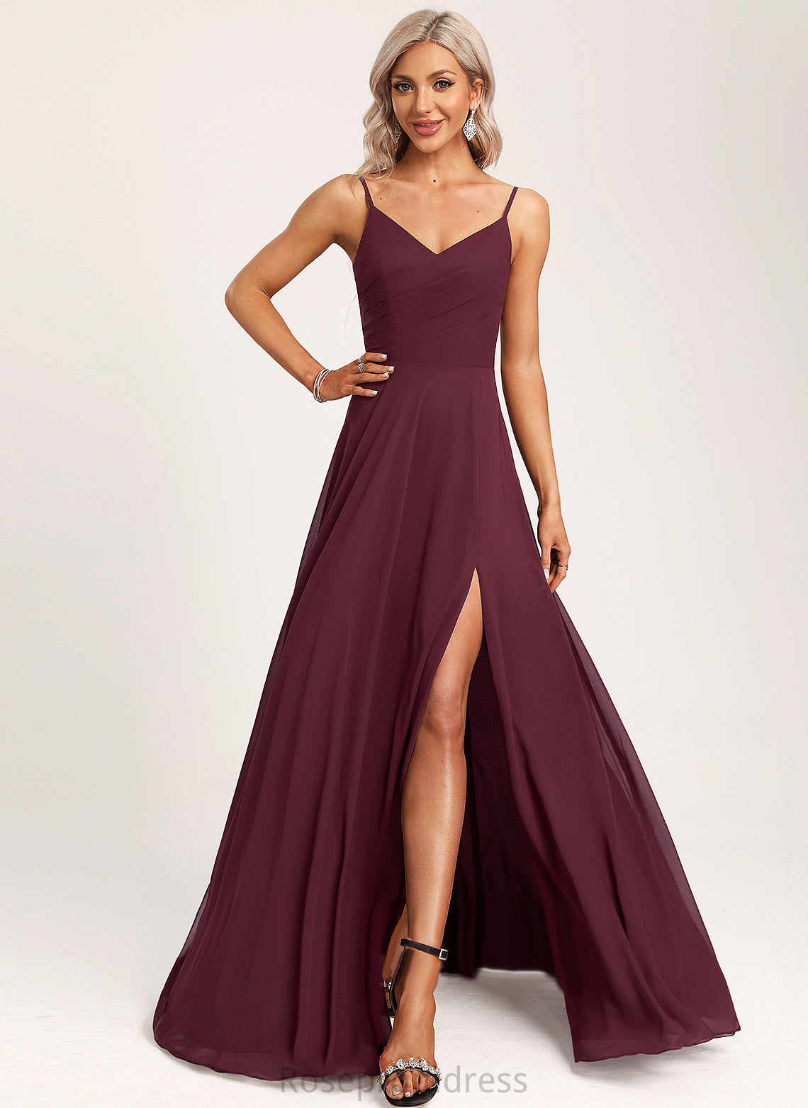 Floor-Length Fabric Length Straps&Sleeves V-neck Silhouette Neckline A-Line Liz V-Neck Floor Length A-Line/Princess Bridesmaid Dresses