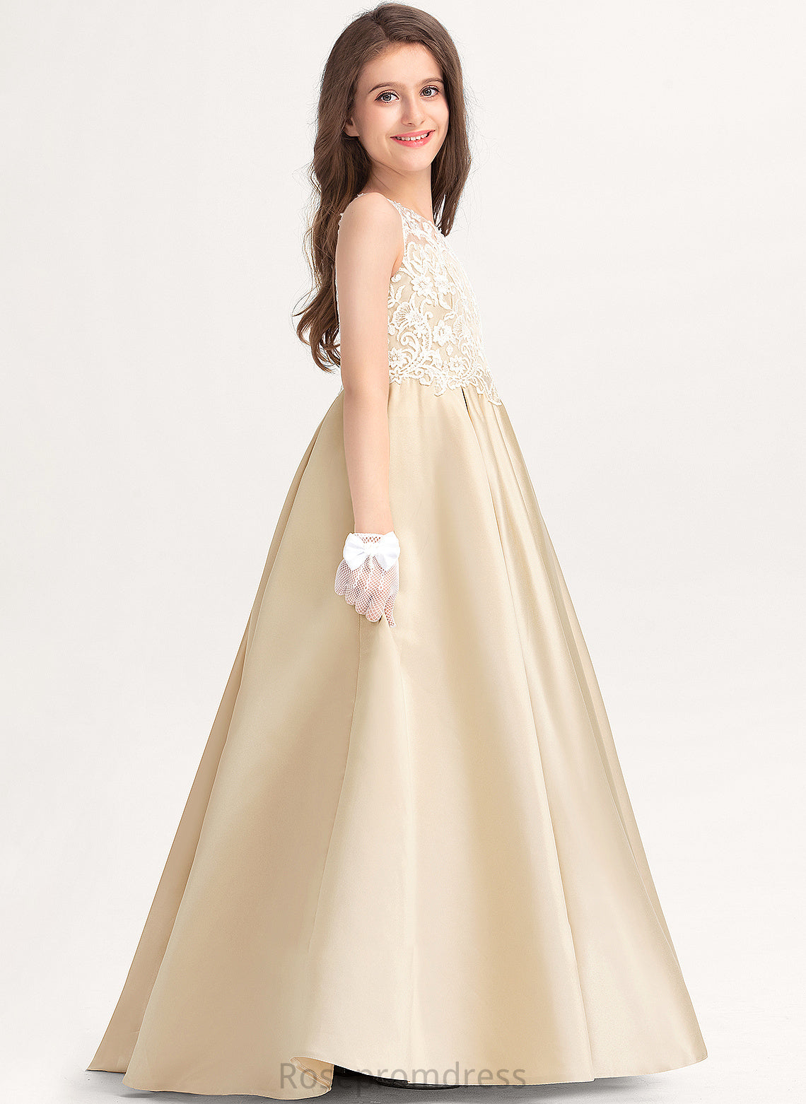 Satin Amiah Junior Bridesmaid Dresses Scoop Ball-Gown/Princess Lace Neck Floor-Length