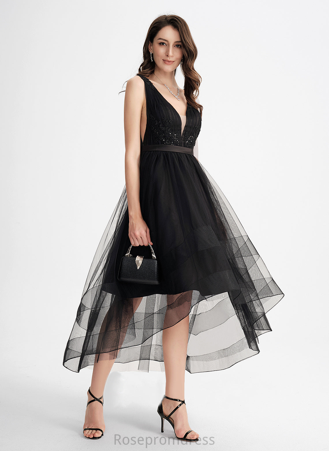 Ina Lace Cocktail With Tulle A-Line Sequins Cocktail Dresses V-neck Asymmetrical Dress