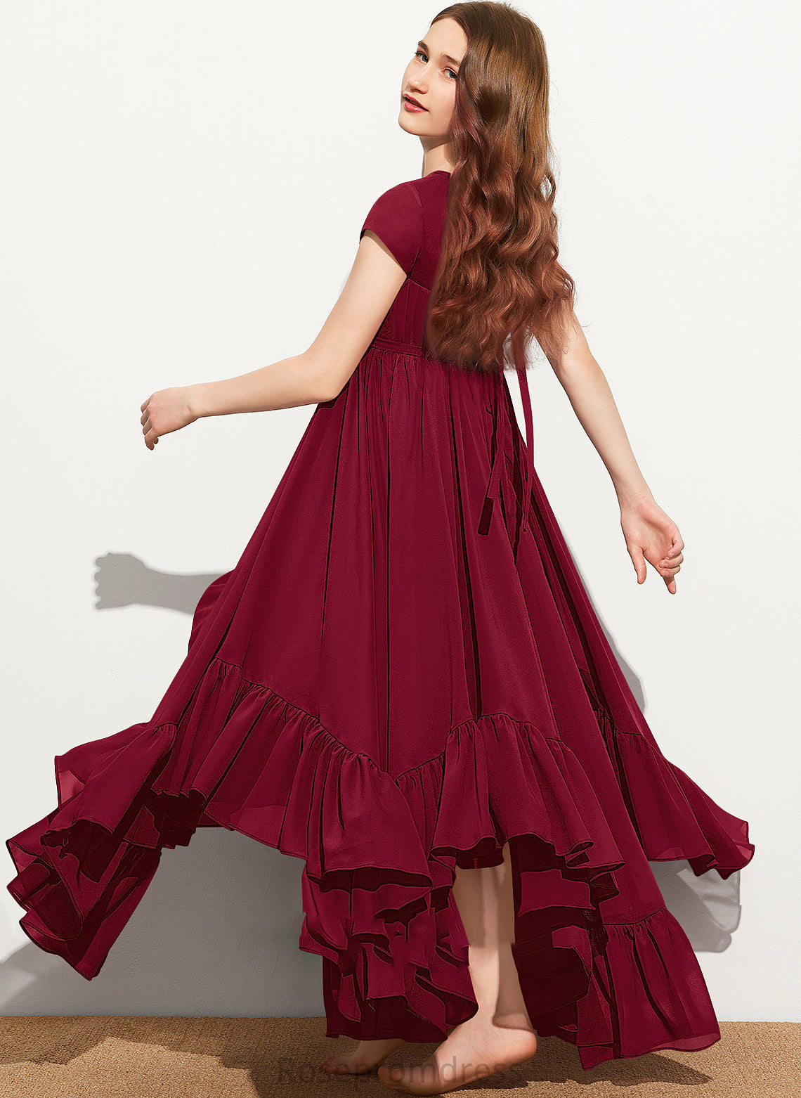 Junior Bridesmaid Dresses Neck Scoop A-Line Chiffon Floor-Length With Cascading Bow(s) Lace Appliques Ruffles Lyric