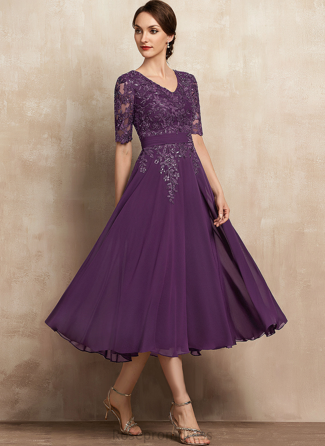 Lace Sequins Mattie Dress Cocktail V-neck Cocktail Dresses Chiffon A-Line Tea-Length With