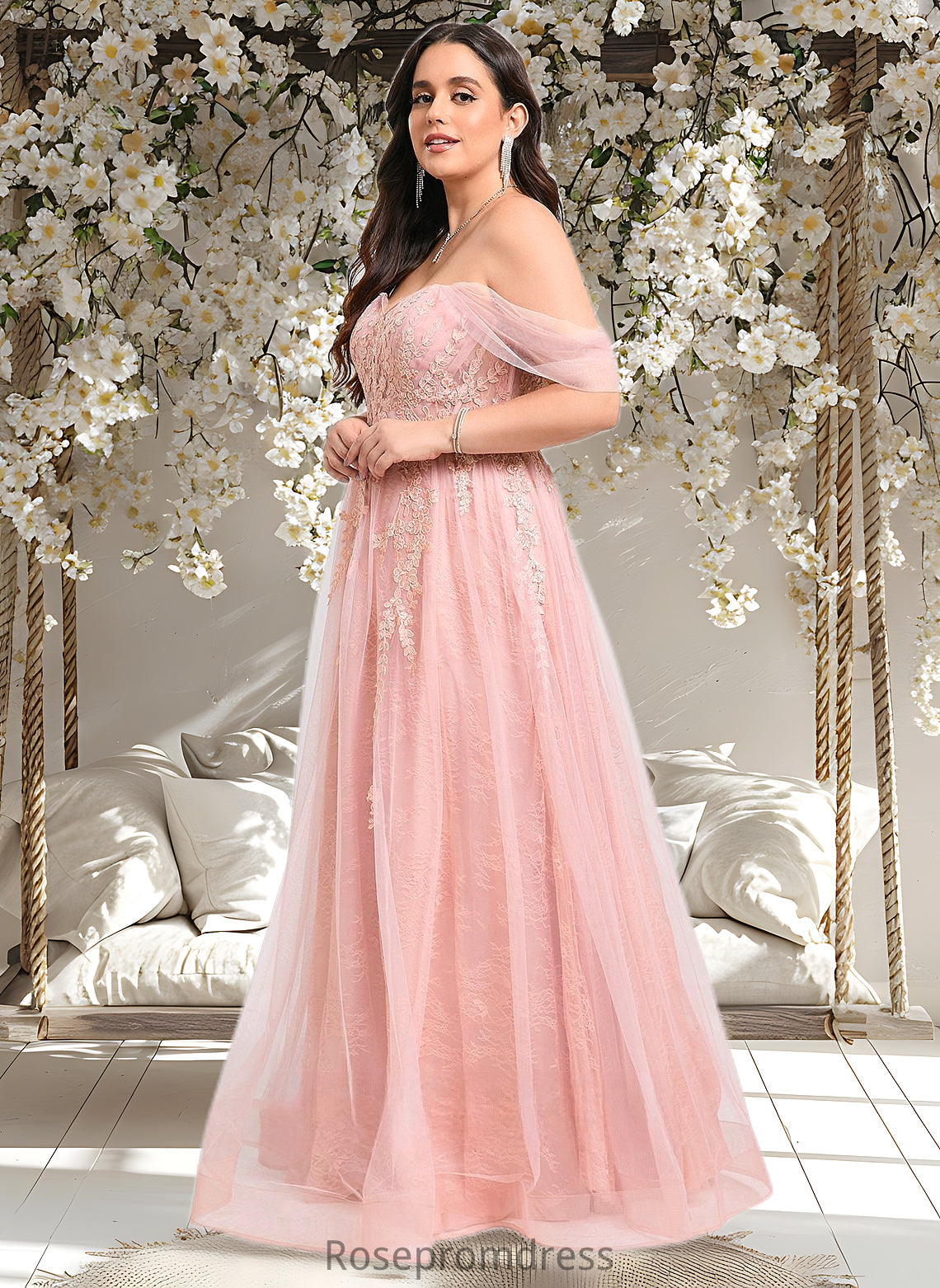 Monique A-line Sweetheart Off the Shoulder Floor-Length Tulle Floral Lace Prom Dresses With Appliques Lace DSP0025870