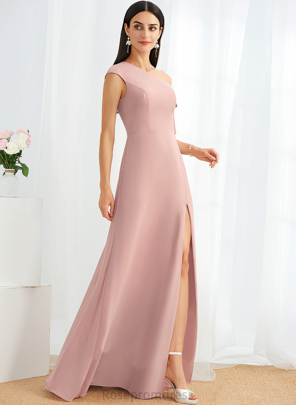 Length Floor-Length A-Line Neckline Fabric Silhouette One-Shoulder Embellishment Bow(s) Laney Natural Waist Straps Bridesmaid Dresses