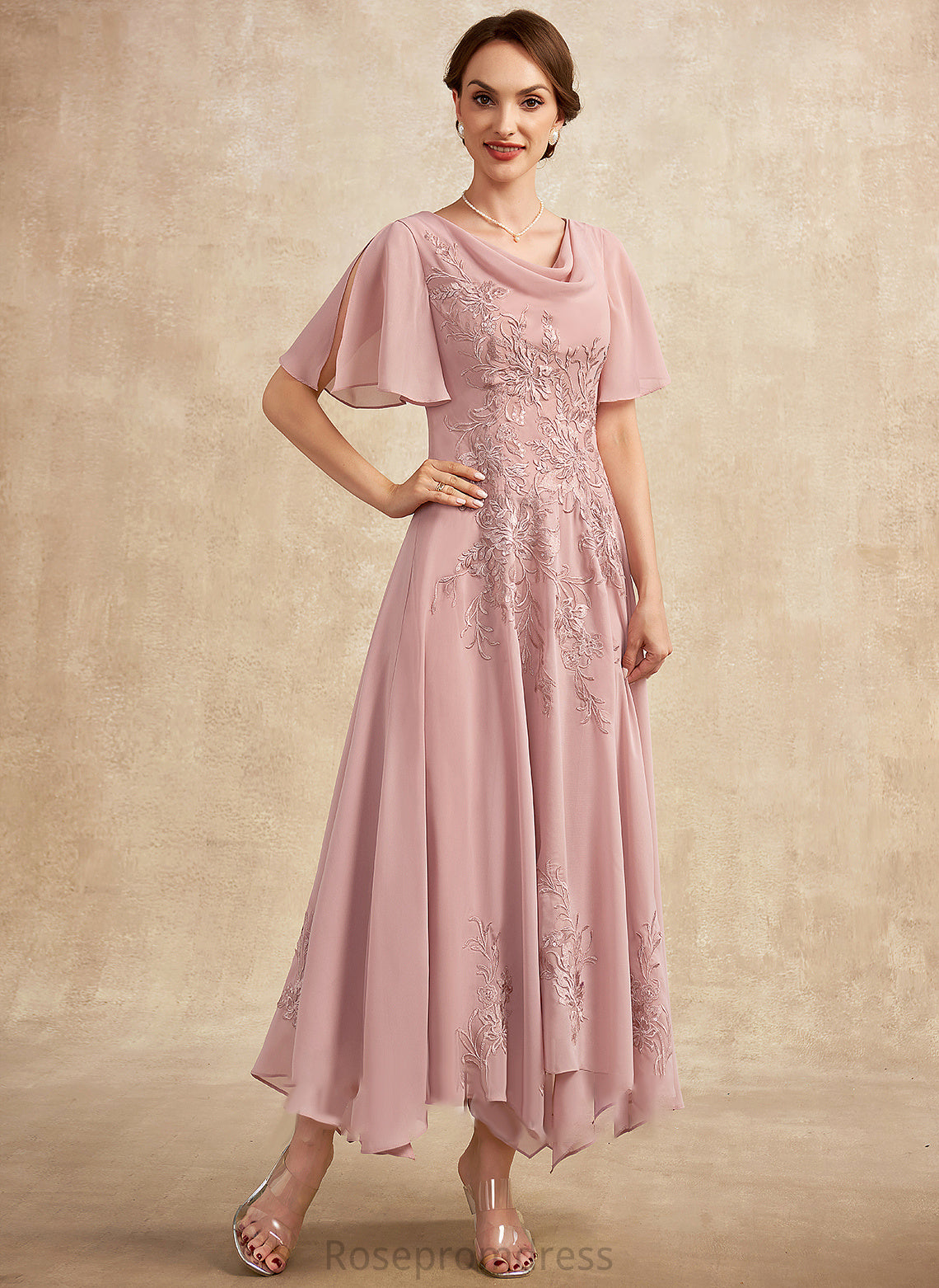 A-Line Amya Neck Bride Ankle-Length the Mother of the Bride Dresses of Lace Chiffon Mother Dress Cowl