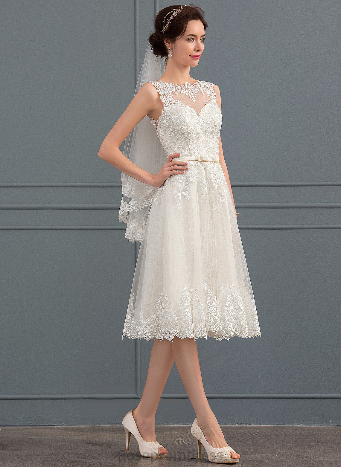 Wedding Dresses Dress Lace A-Line With Illusion Knee-Length Mikaela Wedding Satin Bow(s) Tulle