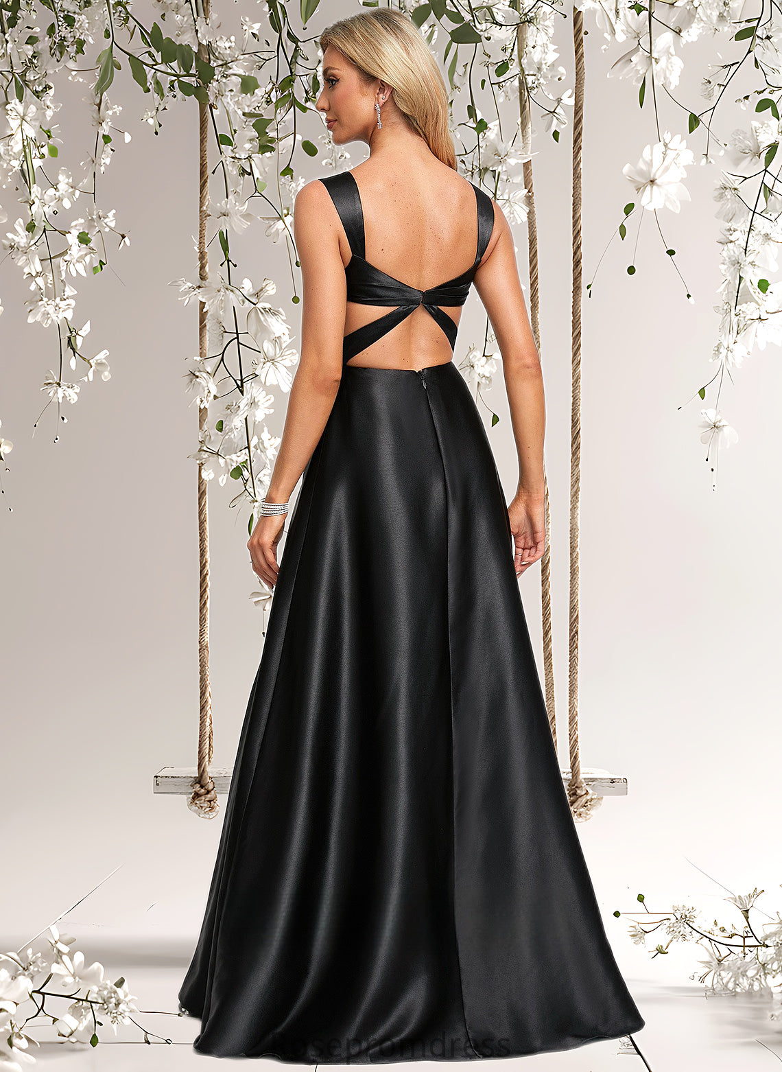 Anne A-line V-Neck Floor-Length Stretch Satin Prom Dresses With Bow DSP0025882