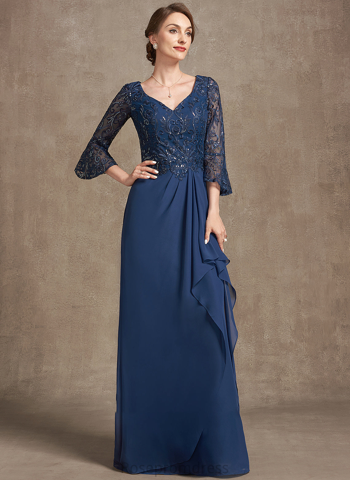 Mother Floor-Length Lailah Sequins Ruffles Lace V-neck Dress the A-Line Mother of the Bride Dresses Bride of With Cascading Chiffon