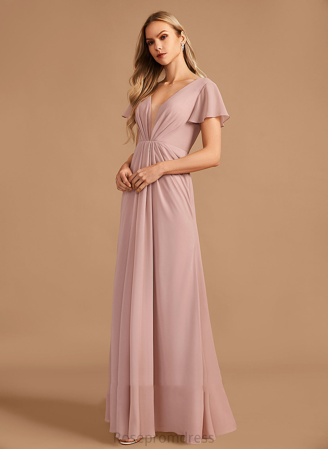 Neckline Embellishment Fabric A-Line Length Ruffle Silhouette Floor-Length V-neck Aleah Bridesmaid Dresses