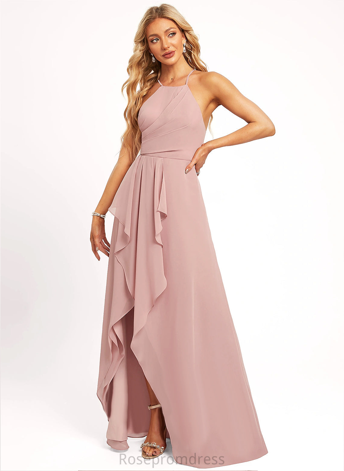 Asymmetrical Straps&Sleeves A-line Neckline Length Fabric Halter Silhouette Christine Floor Length Sleeveless Scoop Bridesmaid Dresses