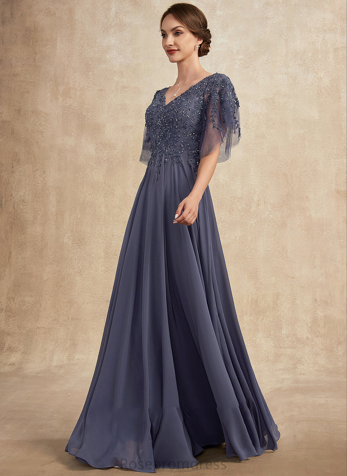 the Mother A-Line Chiffon V-neck Sequins Dress Lace Beading Bride Floor-Length Lizbeth of Mother of the Bride Dresses With