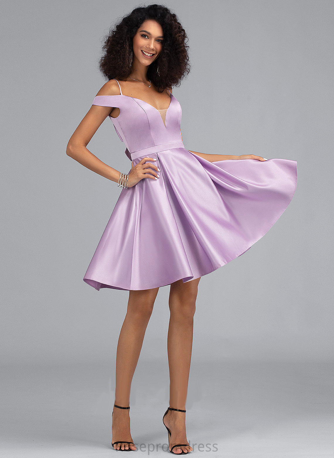 With Short/Mini Pockets Off-the-Shoulder Homecoming A-Line Homecoming Dresses Dress Satin Jaida Bow(s)