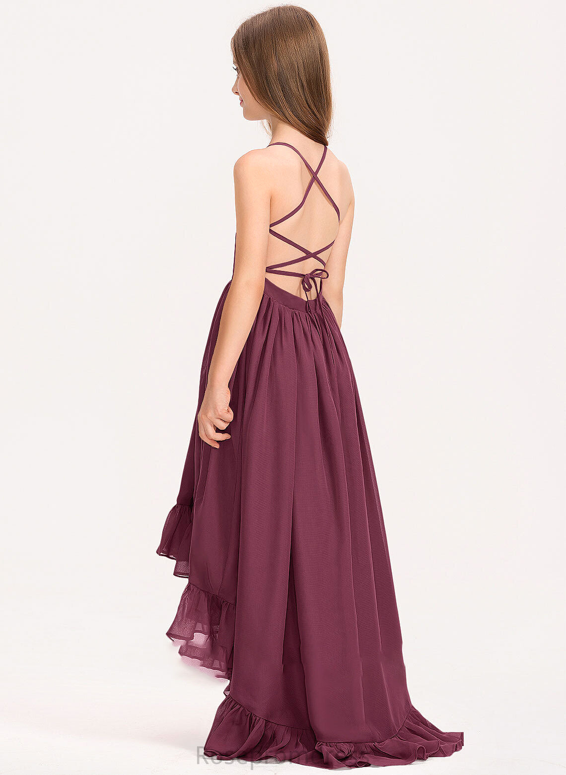 Neck Bow(s) Ruffles Asymmetrical With Marely Junior Bridesmaid Dresses Scoop Cascading Chiffon A-Line