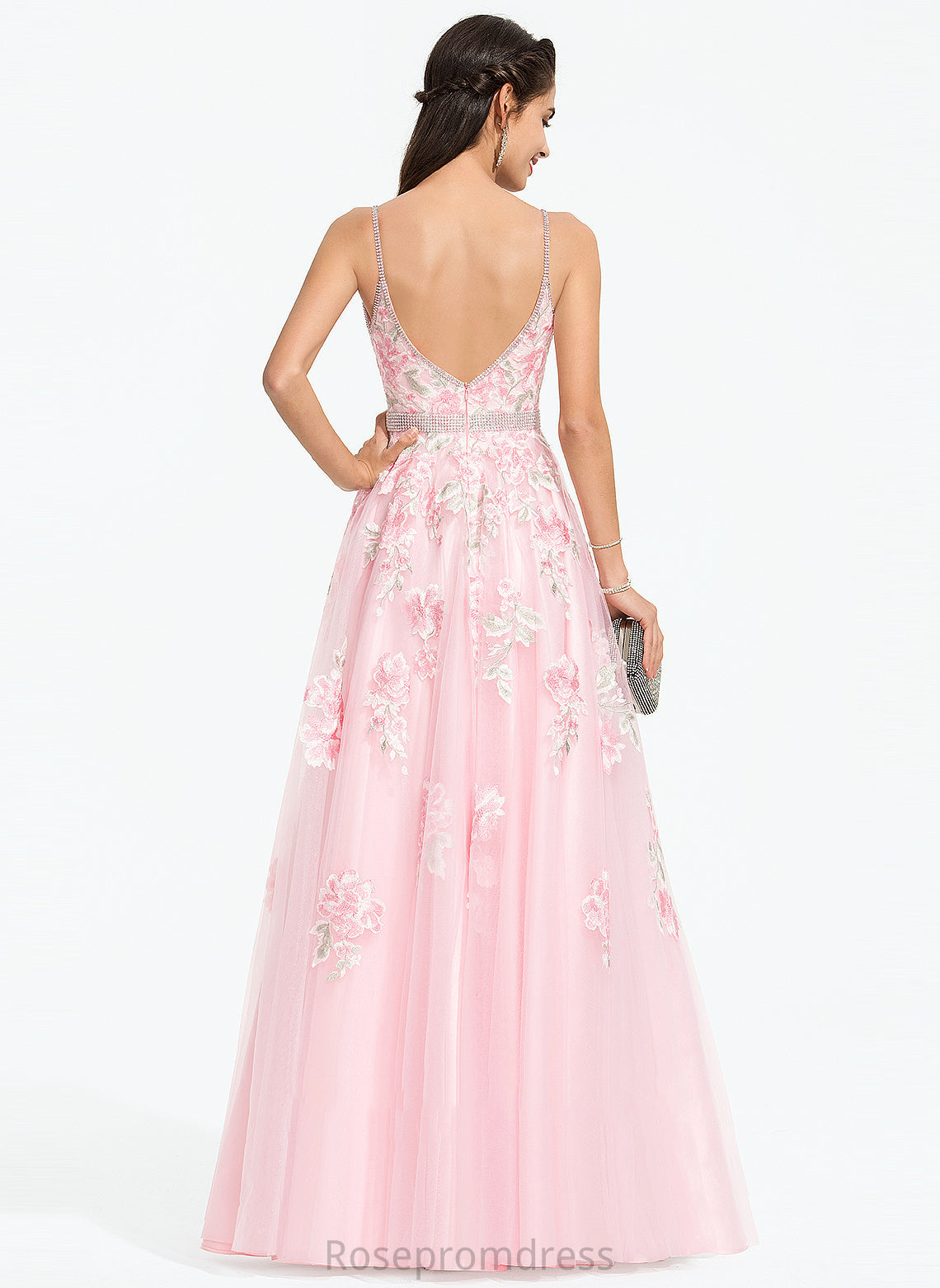 Floor-Length V-neck Tulle Ball-Gown/Princess Prom Dresses With Jasmin Beading Sequins