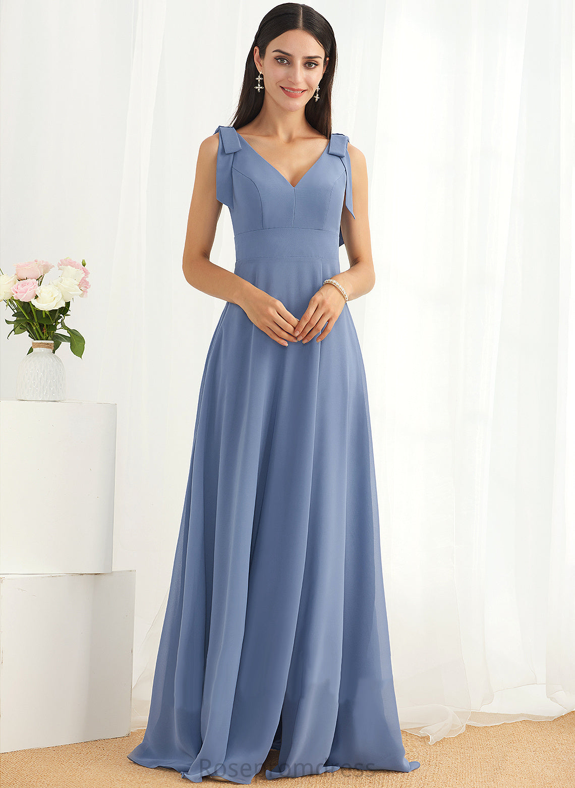 Bow(s) Length Silhouette SplitFront V-neck Embellishment Fabric Floor-Length Neckline A-Line Mercedes Spandex Bridesmaid Dresses