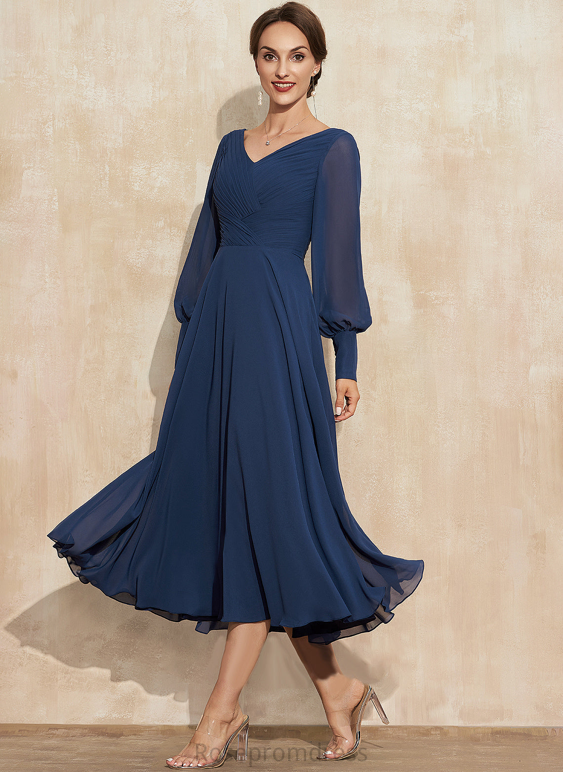 Tea-Length Bride Miriam Ruffle With of the Mother of the Bride Dresses Chiffon A-Line V-neck Mother Dress