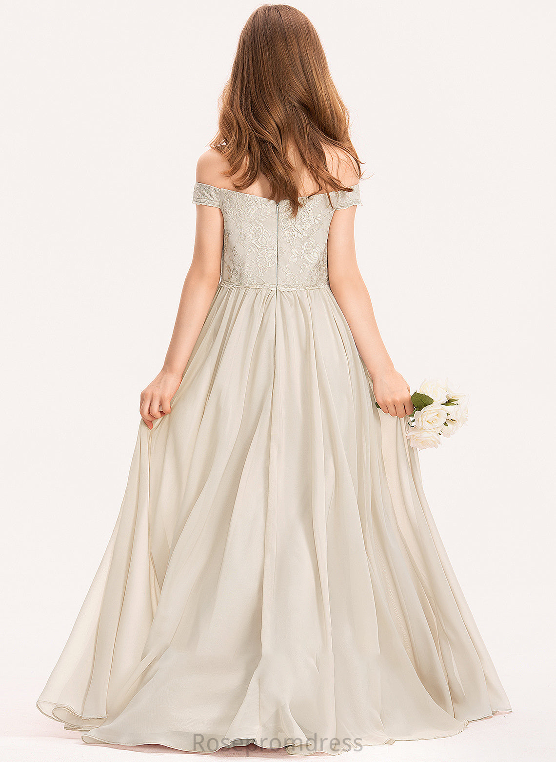 A-Line Off-the-Shoulder Floor-Length Lace Thelma Junior Bridesmaid Dresses Chiffon