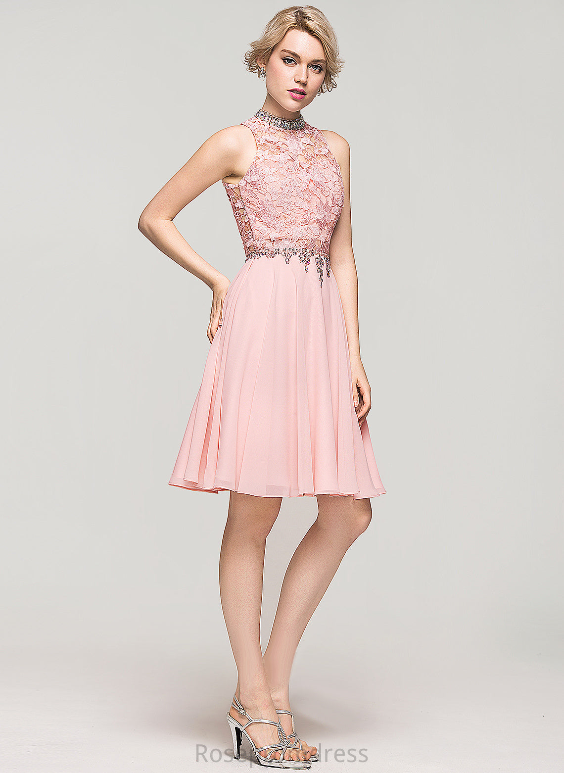 Knee-Length Dress Lace With Sequins Neck A-Line Kaylyn Beading High Chiffon Lace Cocktail Dresses Cocktail