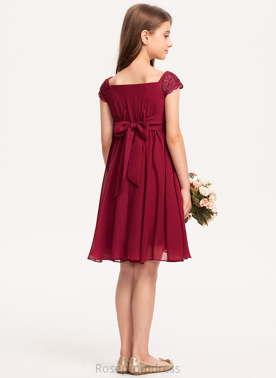 A-Line With Junior Bridesmaid Dresses Jayda Lace Bow(s) Off-the-Shoulder Chiffon Knee-Length