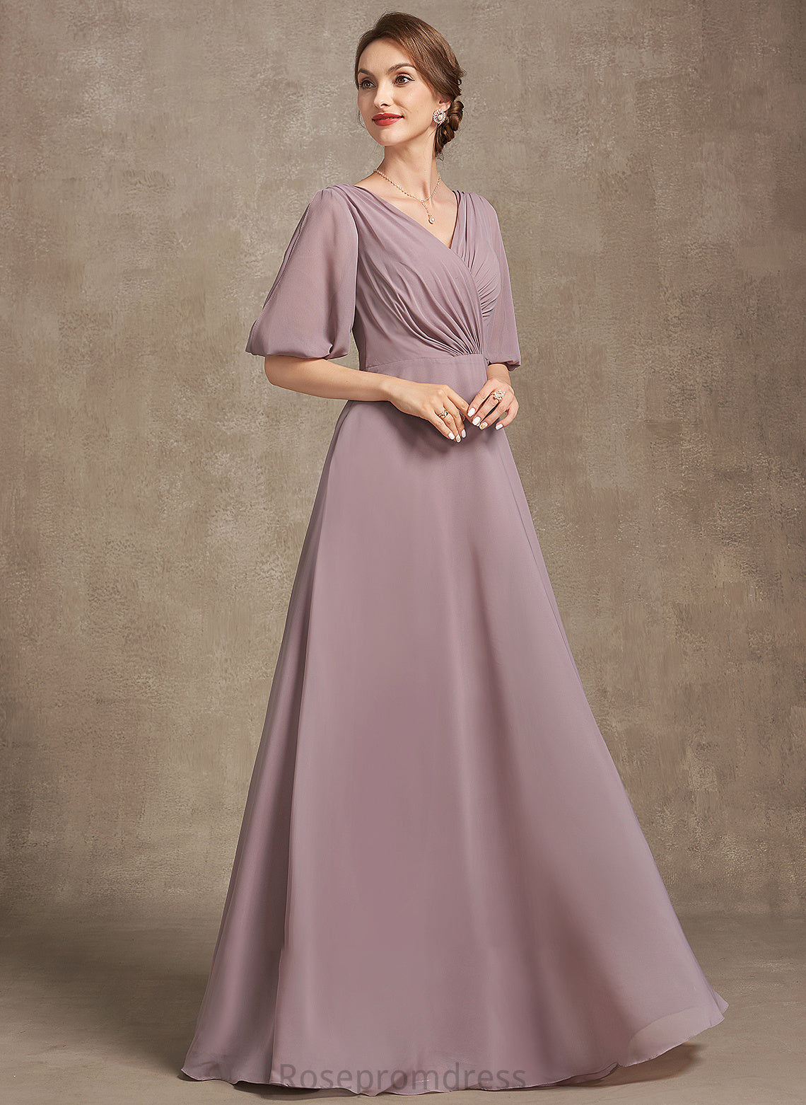 Floor-Length Mother Dress the of Ruffle A-Line V-neck Bride Chiffon Mother of the Bride Dresses With Emely