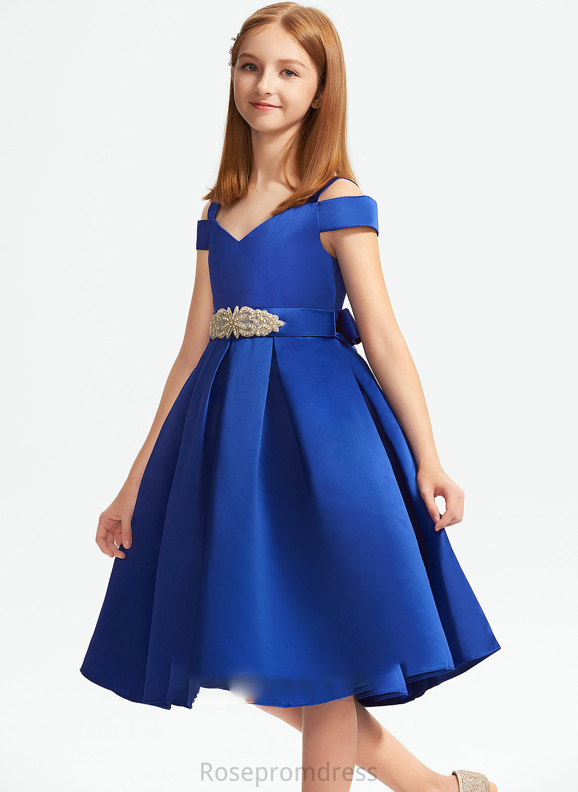 Beading Knee-Length A-Line Raven Satin Bow(s) Off-the-Shoulder With Junior Bridesmaid Dresses