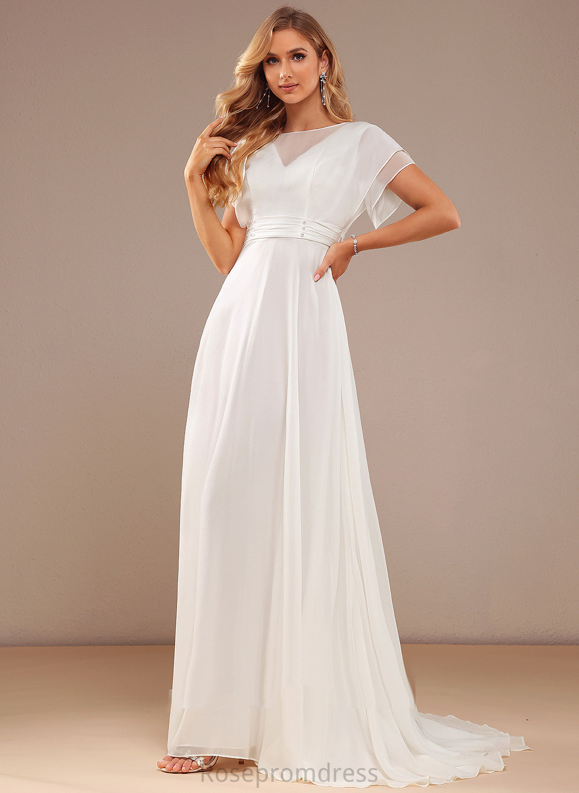 Neck Scoop Beading A-Line Aliya With Wedding Sweep Dress Train Chiffon Wedding Dresses