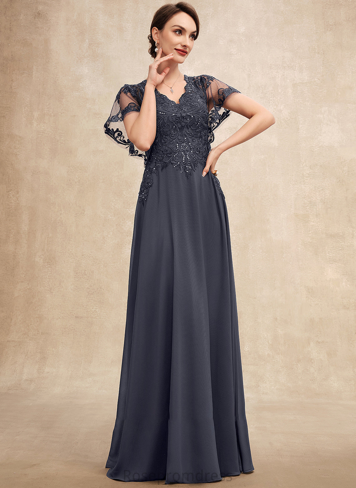 Dress Bride Sequins Lace of Chiffon the Floor-Length V-neck Mother of the Bride Dresses Mother A-Line With Madeline