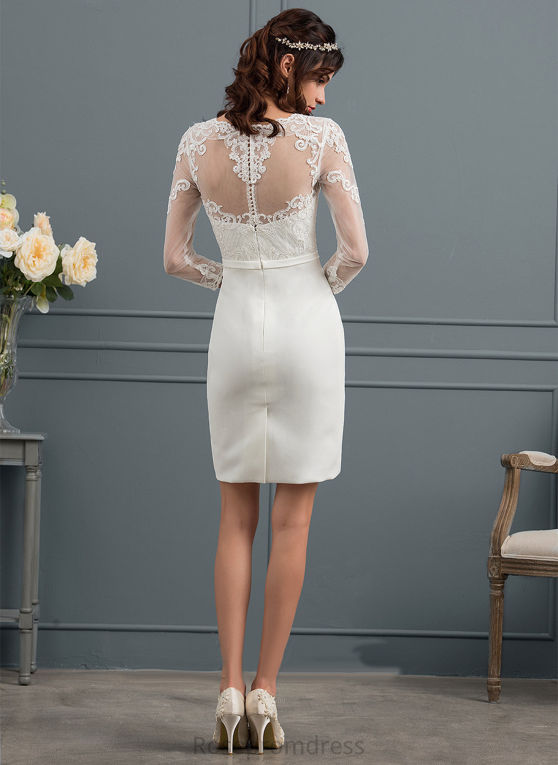 Sequins Wedding Dresses Stretch Dress Illusion Sheath/Column With Lace Wedding Bow(s) Knee-Length Crepe Xiomara