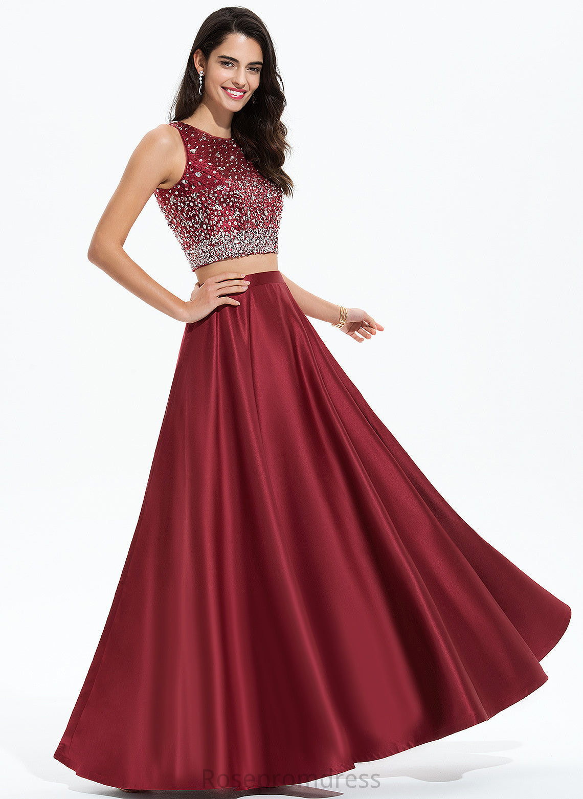 Scoop A-Line Sequins Beading Floor-Length Amara With Prom Dresses Satin