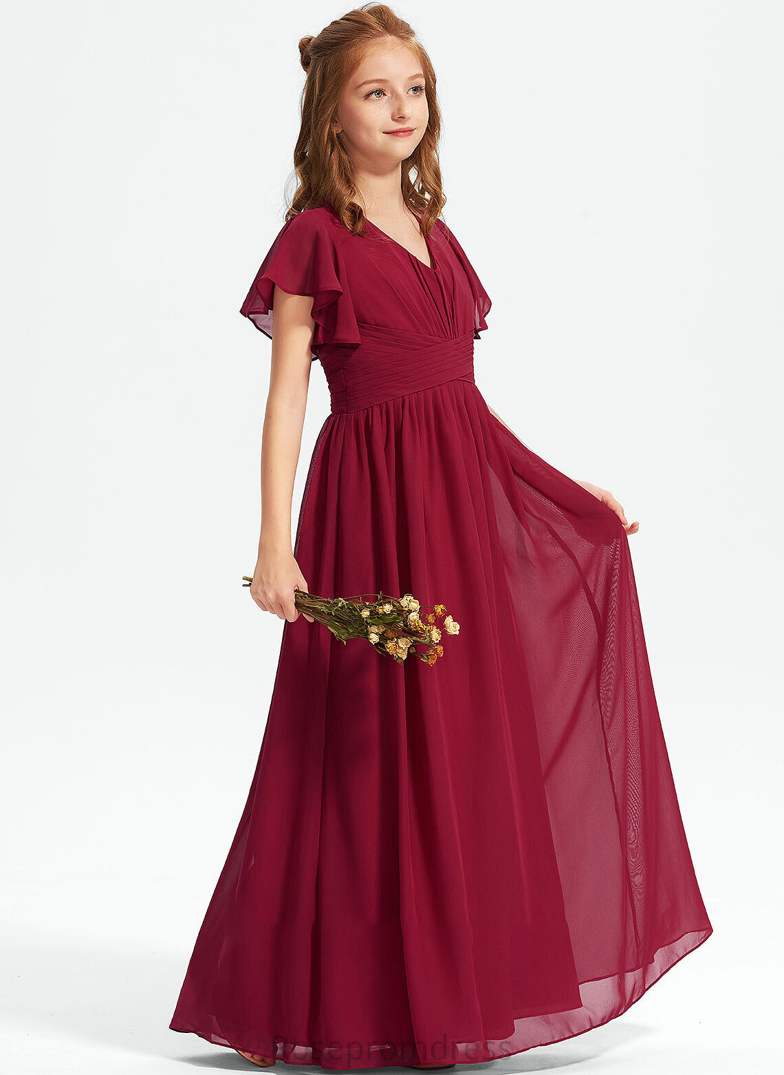 V-neck A-Line Ruffle Jayden Chiffon With Floor-Length Junior Bridesmaid Dresses