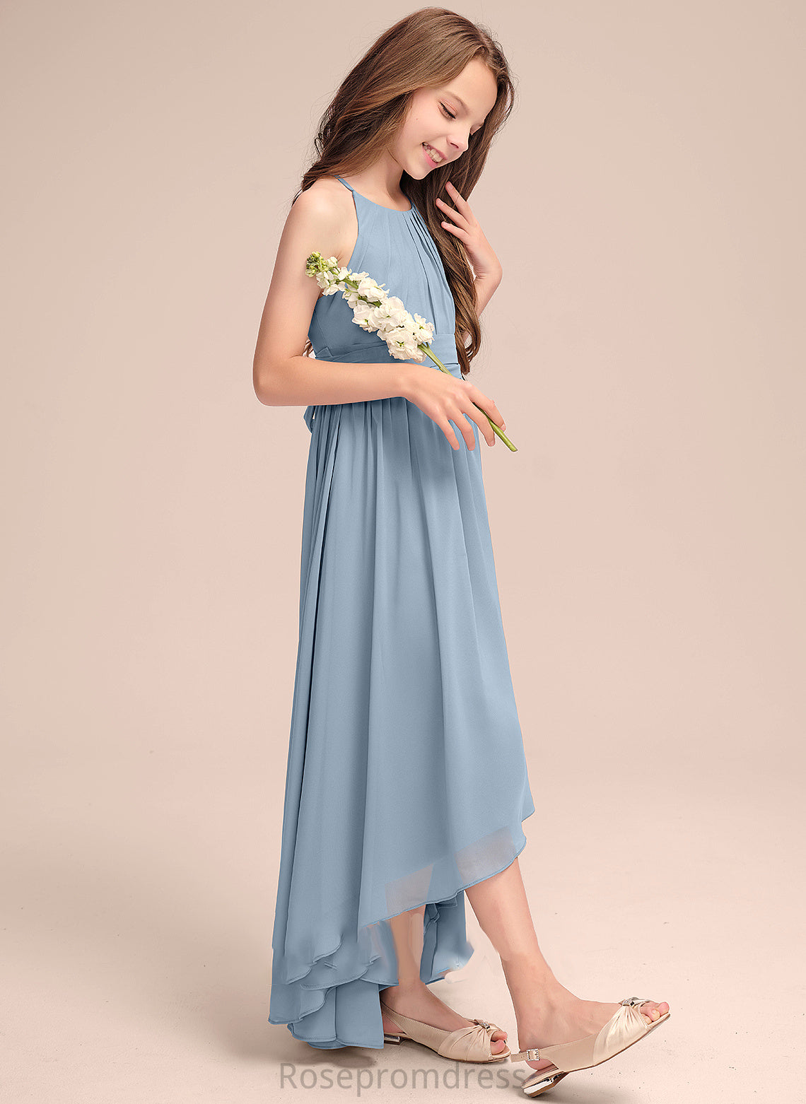 Asymmetrical Junior Bridesmaid Dresses With Ruffle A-Line Neck Chiffon Scoop Persis Bow(s)