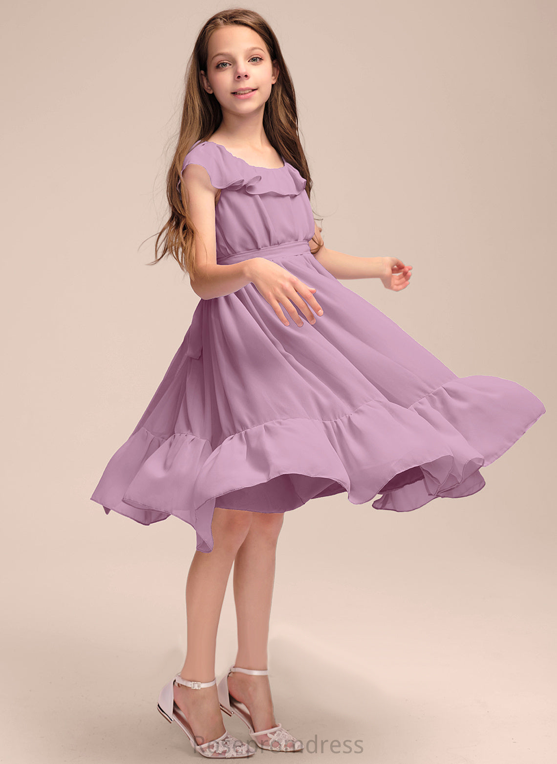 Junior Bridesmaid Dresses Scoop Cascading Bow(s) Knee-Length Chiffon Ruffles With A-Line Neck Eleanor