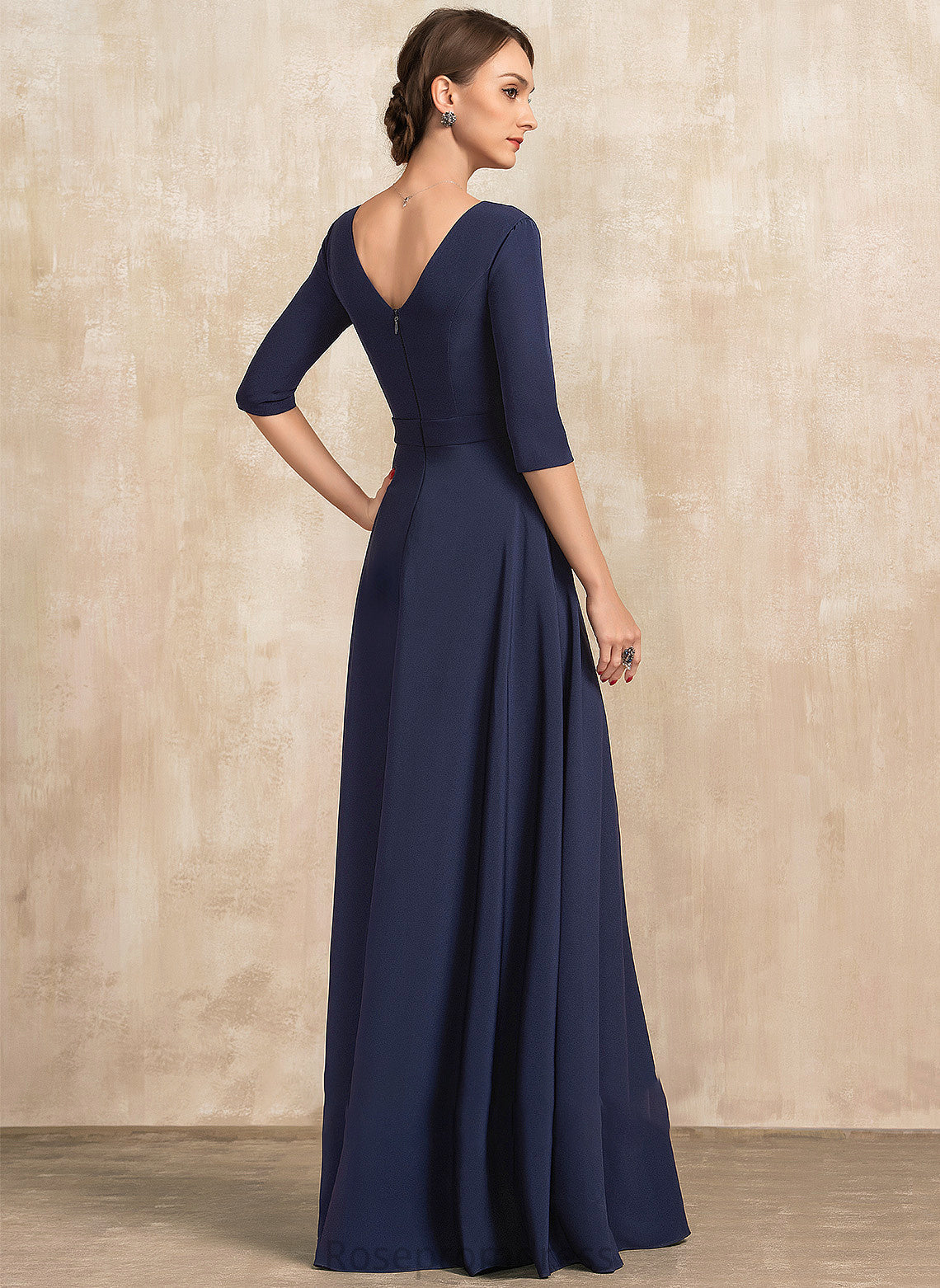 Bow(s) the With Bride Dress of V-neck Floor-Length Stretch Rosa A-Line Mother Crepe Mother of the Bride Dresses